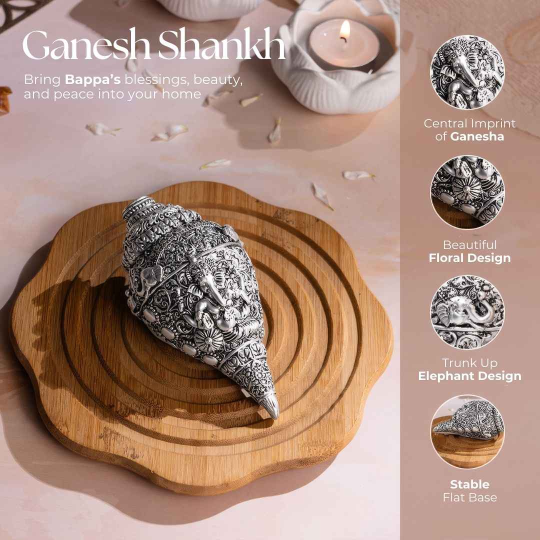 Shree Ganesh Shankh | Pure 24K Gold and 999 Silver Plated (5 Inch)
