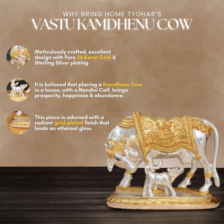 Kamdhenu Cow with Calf | 24K Gold & 999 Silver Plated