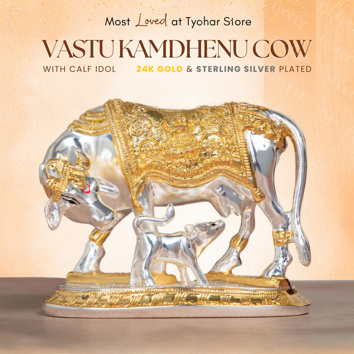 Kamdhenu Cow with Calf | 24K Gold & 999 Silver Plated