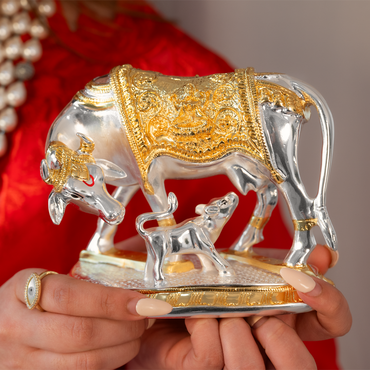 Kamdhenu Cow with Calf | 24K Gold & 999 Silver Plated