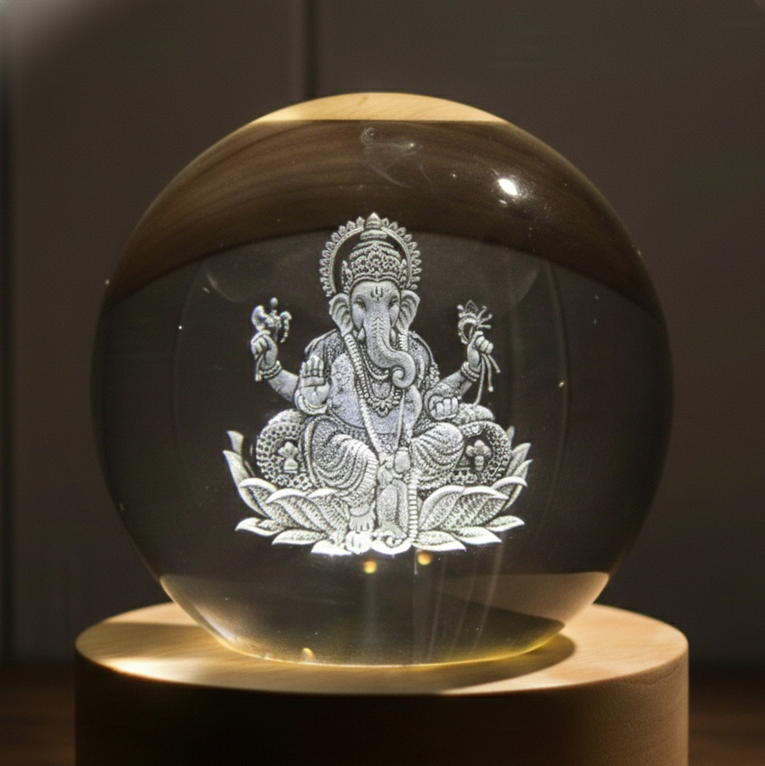 Divine 3D Crystal Lamp – Laser Engraved God Idol Night Light with Wooden LED Base