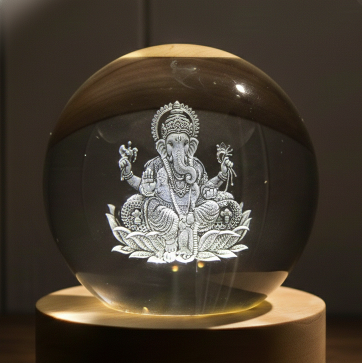 Divine 3D Crystal Lamp – Laser Engraved God Idol Night Light with Wooden LED Base