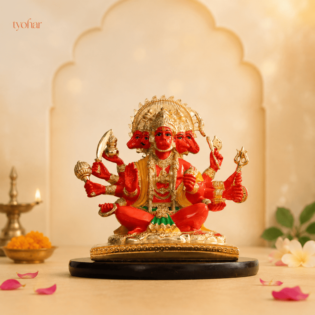 Panchmukhi Hanuman Statue With Orange Enamel | Pure 24K Gold Plated - Tyohar Store