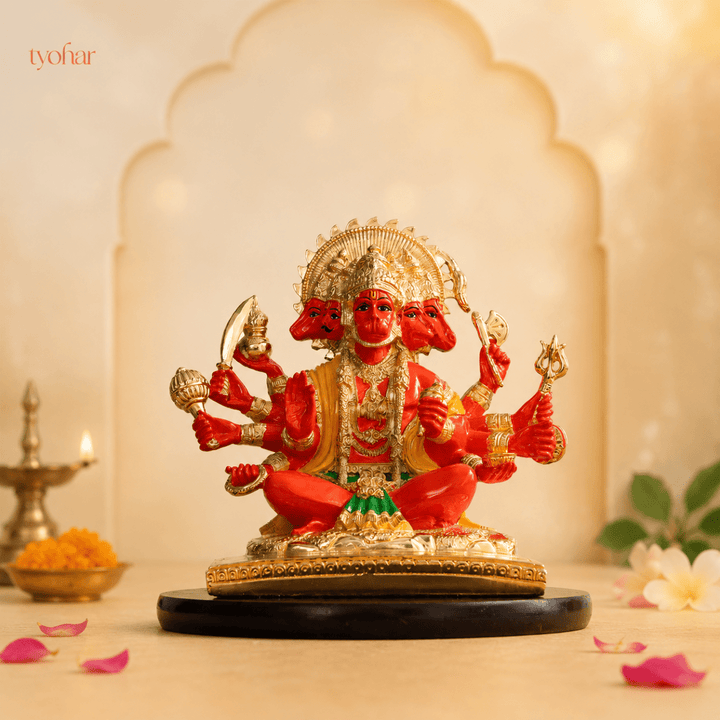 Panchmukhi Hanuman Statue With Orange Enamel | Pure 24K Gold Plated - Tyohar Store