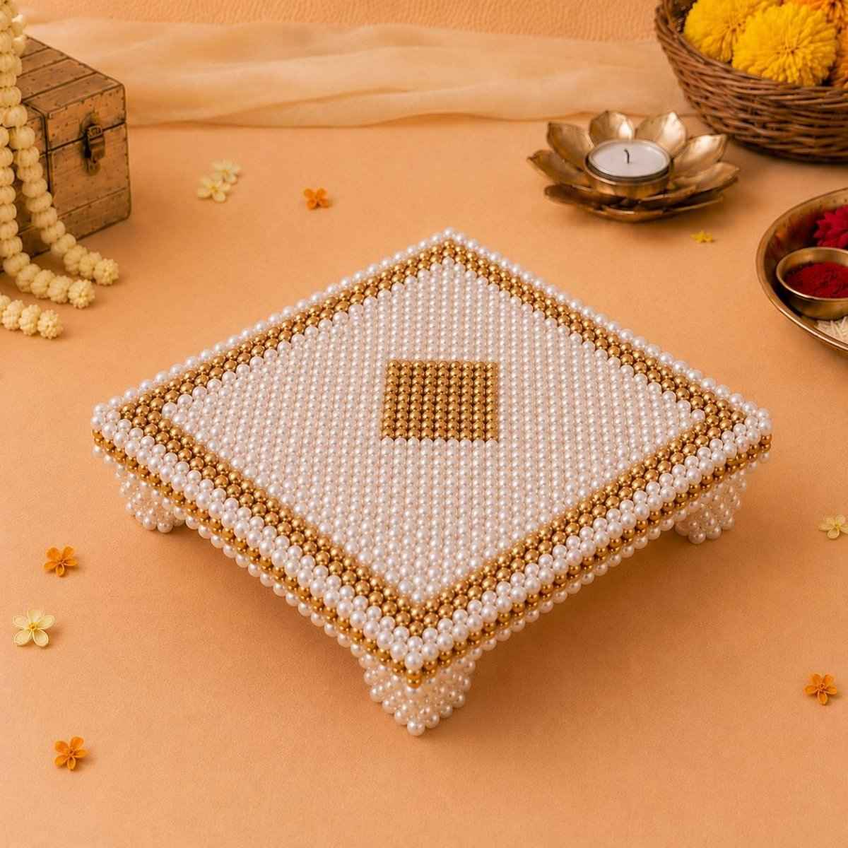 White and Gold Pearl Pooja Chowki [3 Sizes]