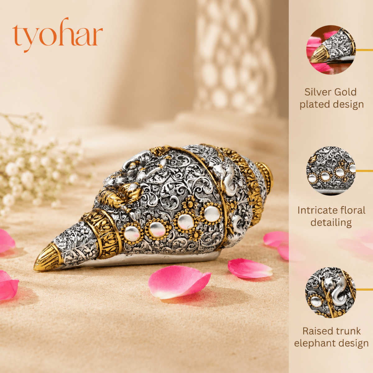 Shree Ganesh Shankh - 999 Silver Plated (5 Inch) - Tyohar Store