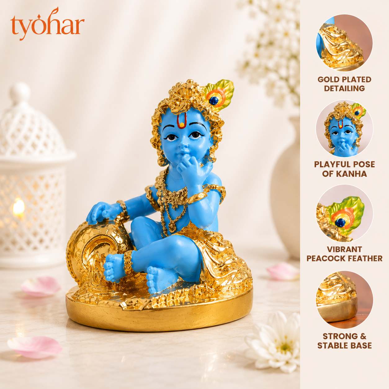 Laddu Gopal Idol | Bal Krishna Eating Makkhan Idol | Pure 24K Gold Plated Krishna Idol