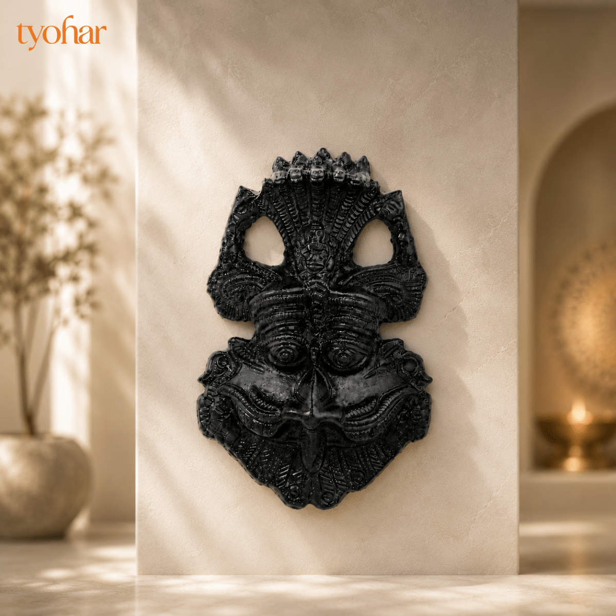 Pure Black Tourmalline Kirtimukh Idol - Tyohar Store