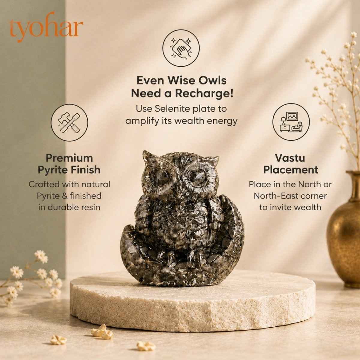 Raw Pyrite Owl with Moon For Wealth, Wisdom & Protection