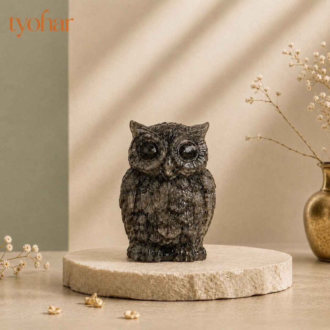 Raw Pyrite Owl with Moon For Wealth, Wisdom & Protection