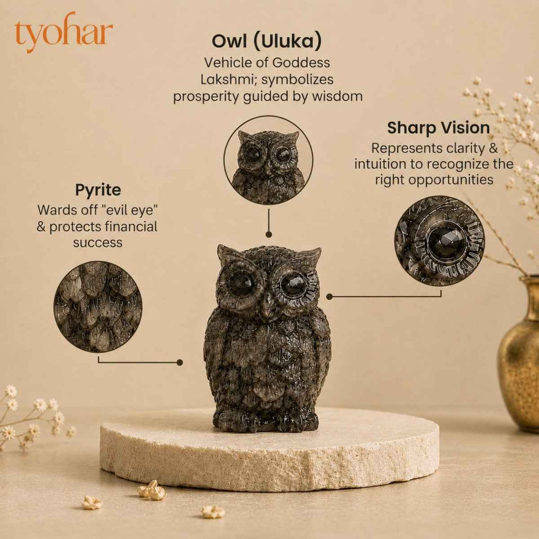 Raw Pyrite Owl with Moon For Wealth, Wisdom & Protection