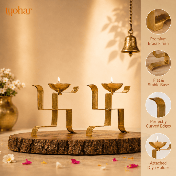 Brass Vertical Swastika Symbol Diyas (Set of 2) - Tyohar Store