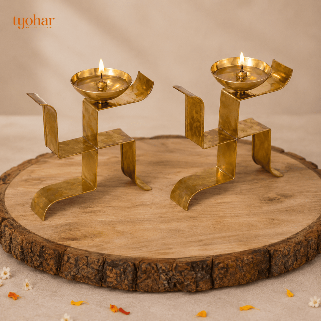 Brass Vertical Swastika Symbol Diyas (Set of 2) - Tyohar Store