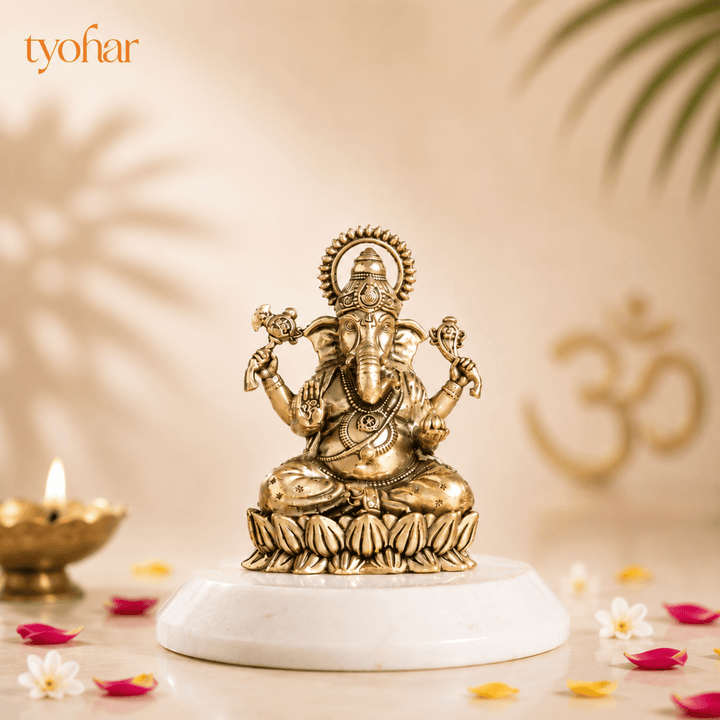 Brass Left-Trunk Vighnaharta Ganesha Murti Sitting On Lotus [3 Inch] - Tyohar Store