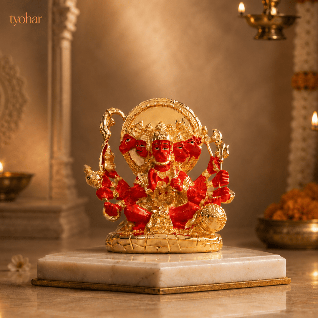 Panchmukhi Hanuman Statue With Orange Enamel | Pure 24K Gold Plated - Tyohar Store