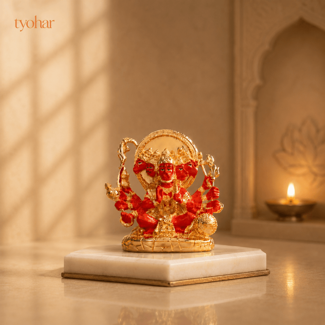 Panchmukhi Hanuman Statue With Orange Enamel | Pure 24K Gold Plated - Tyohar Store