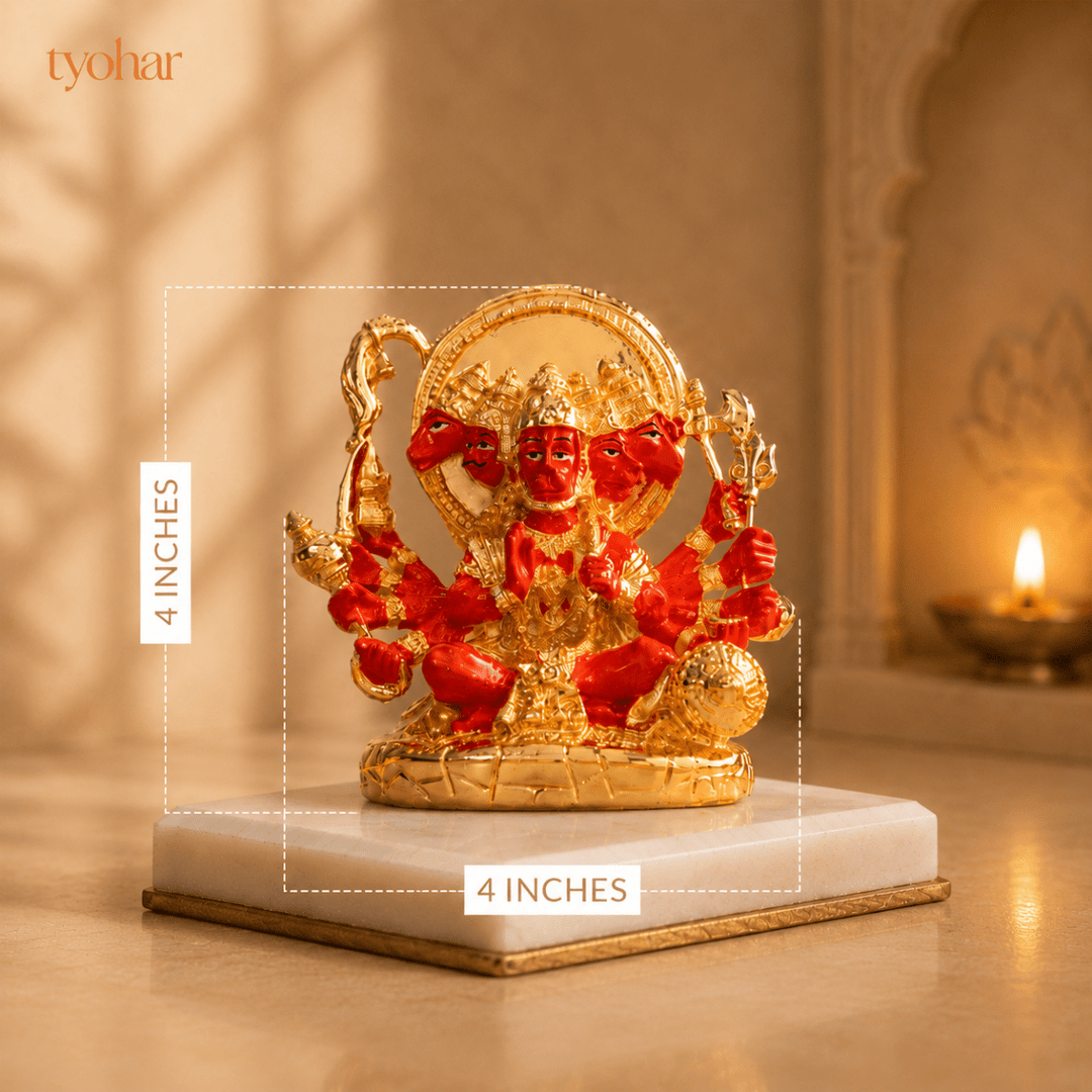 Panchmukhi Hanuman Statue With Orange Enamel | Pure 24K Gold Plated - Tyohar Store