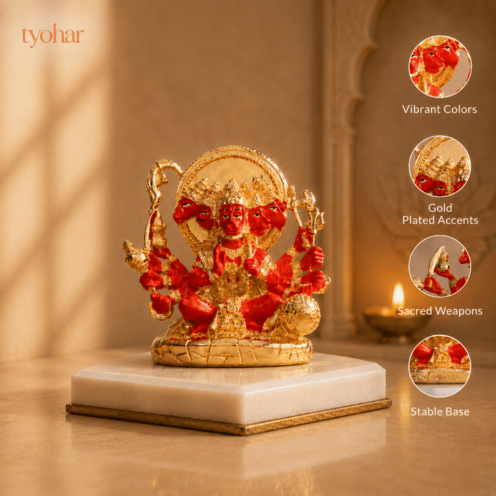 Panchmukhi Hanuman Statue With Orange Enamel | Pure 24K Gold Plated - Tyohar Store