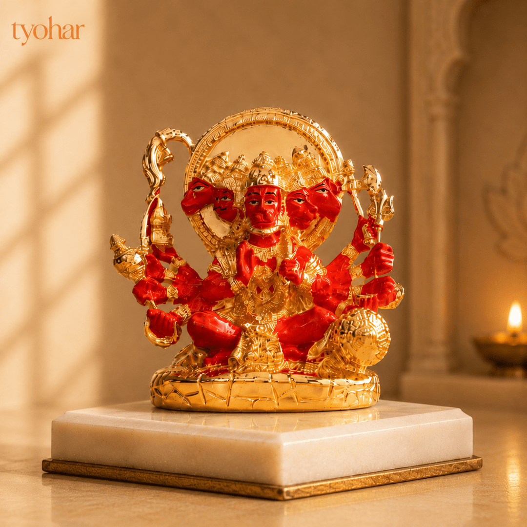 Panchmukhi Hanuman Statue With Orange Enamel | Pure 24K Gold Plated - Tyohar Store