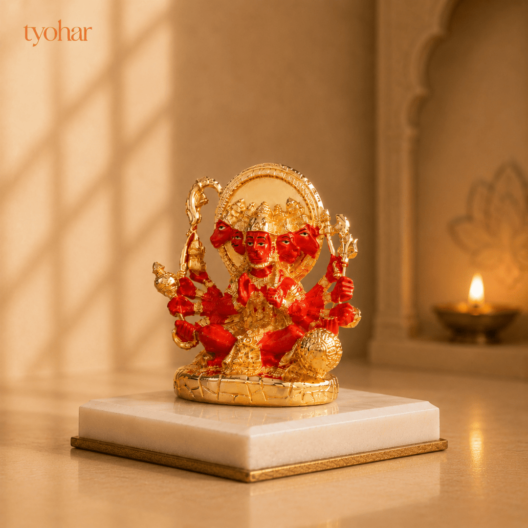 Panchmukhi Hanuman Statue With Orange Enamel | Pure 24K Gold Plated - Tyohar Store