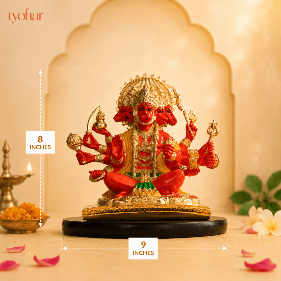 Panchmukhi Hanuman Statue With Orange Enamel | Pure 24K Gold Plated - Tyohar Store
