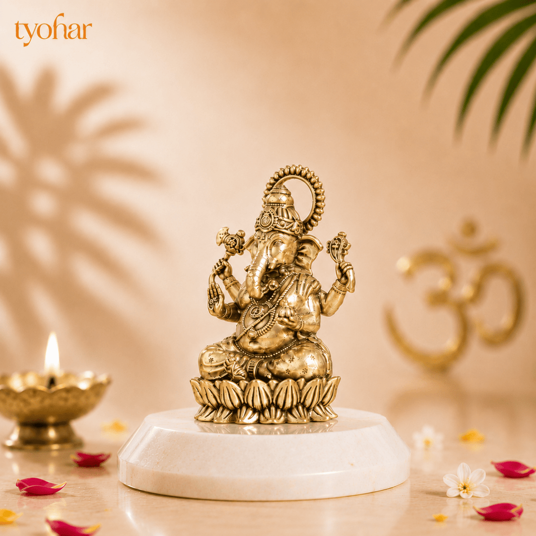 Brass Left-Trunk Vighnaharta Ganesha Murti Sitting On Lotus [3 Inch] - Tyohar Store
