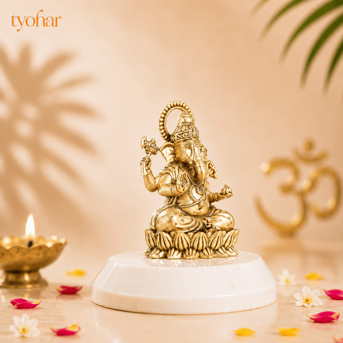 Brass Left-Trunk Vighnaharta Ganesha Murti Sitting On Lotus [3 Inch] - Tyohar Store