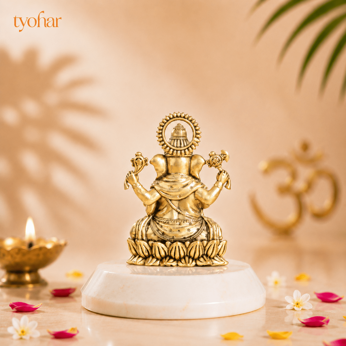 Brass Left-Trunk Vighnaharta Ganesha Murti Sitting On Lotus [3 Inch] - Tyohar Store
