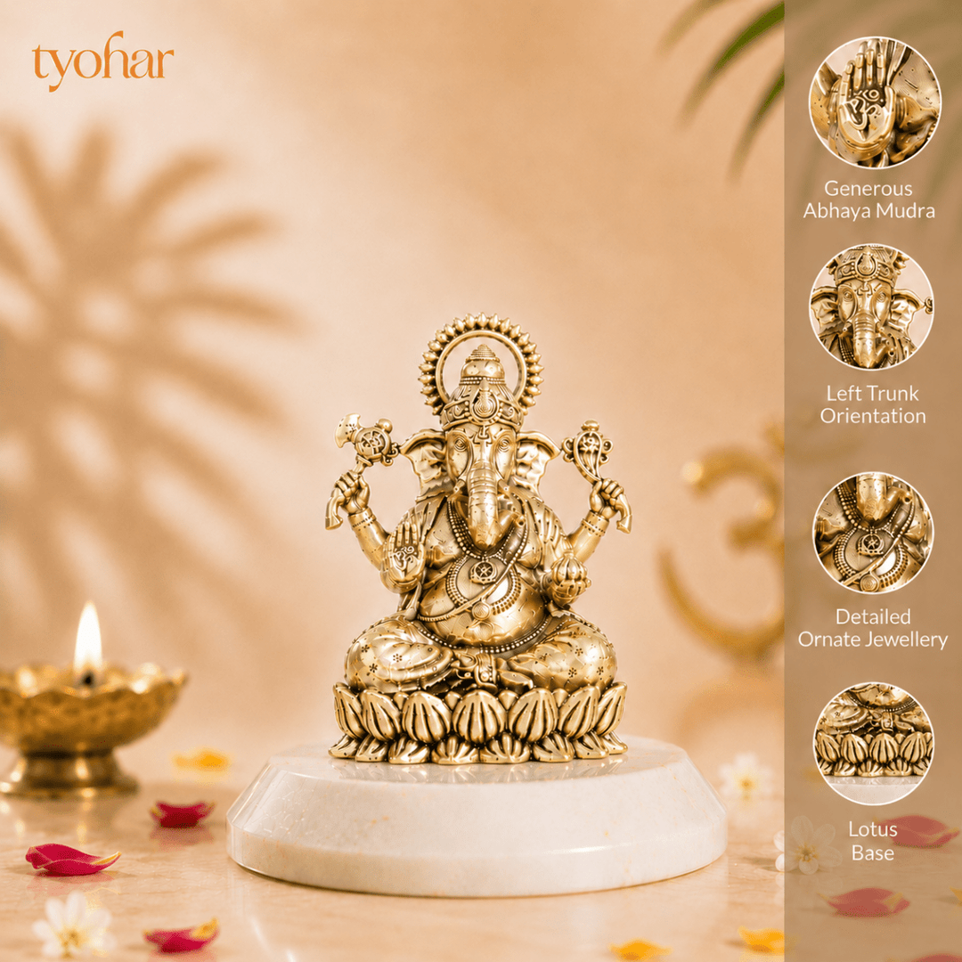 Brass Left-Trunk Vighnaharta Ganesha Murti Sitting On Lotus [3 Inch] - Tyohar Store