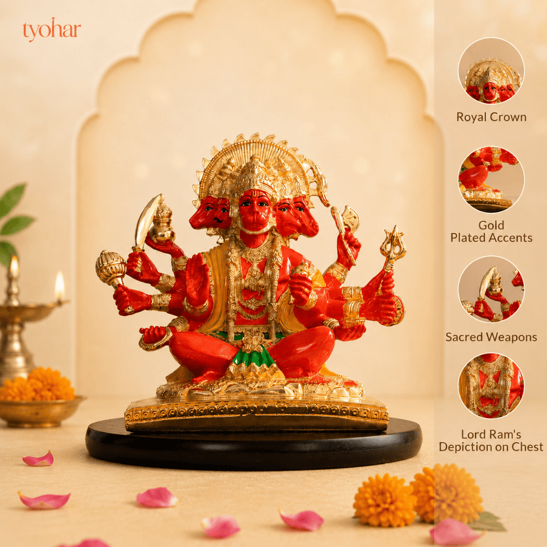 Panchmukhi Hanuman Statue With Orange Enamel | Pure 24K Gold Plated - Tyohar Store