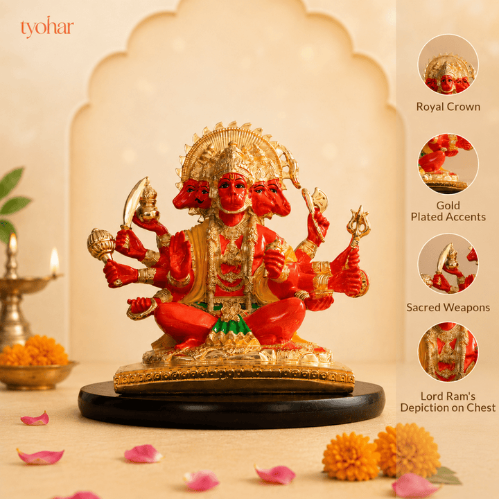 Panchmukhi Hanuman Statue With Orange Enamel | Pure 24K Gold Plated - Tyohar Store