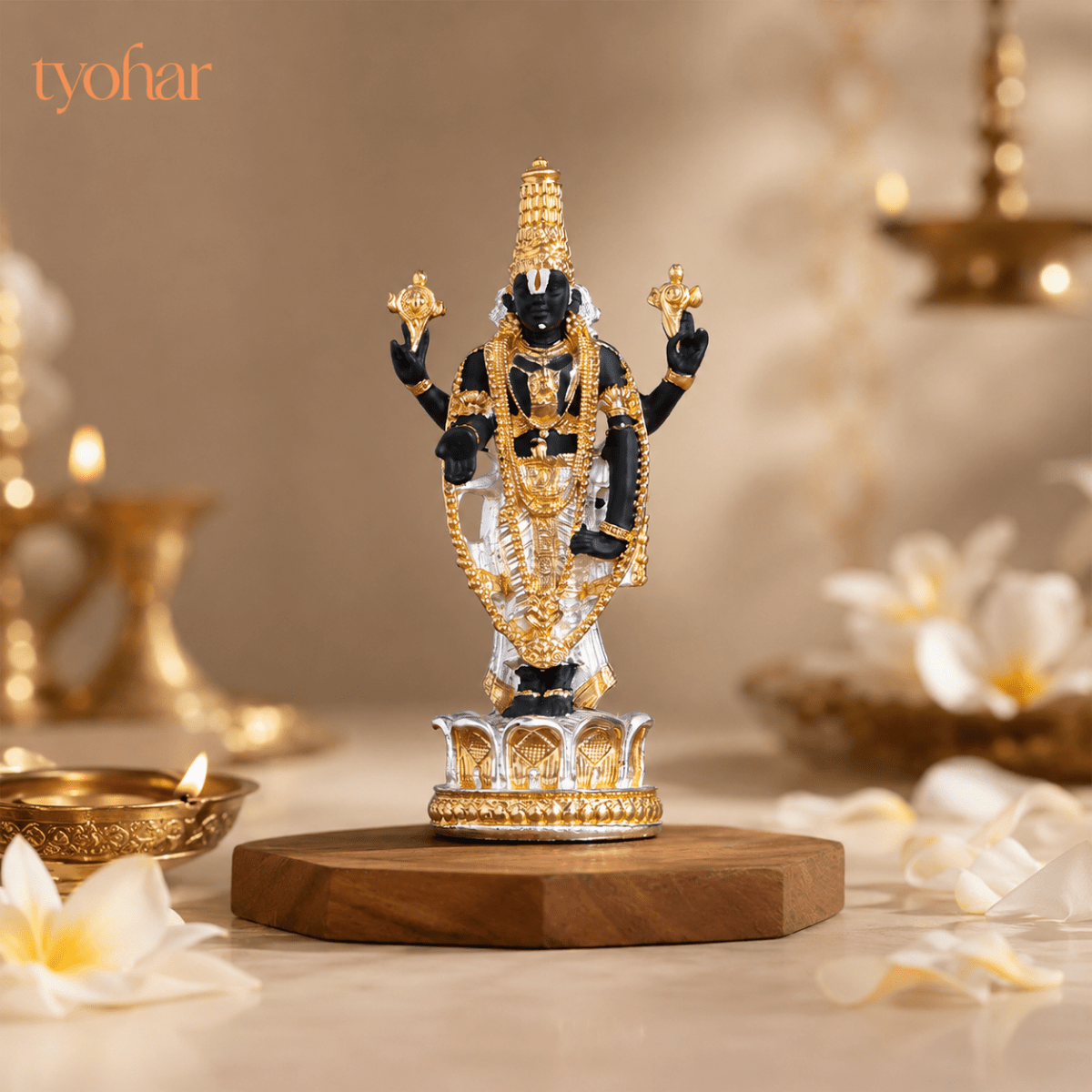 Sri Tirupati Balaji (Venkateswara) Standing Idol | Pure 24K Gold & 999 Silver Plated - Tyohar Store