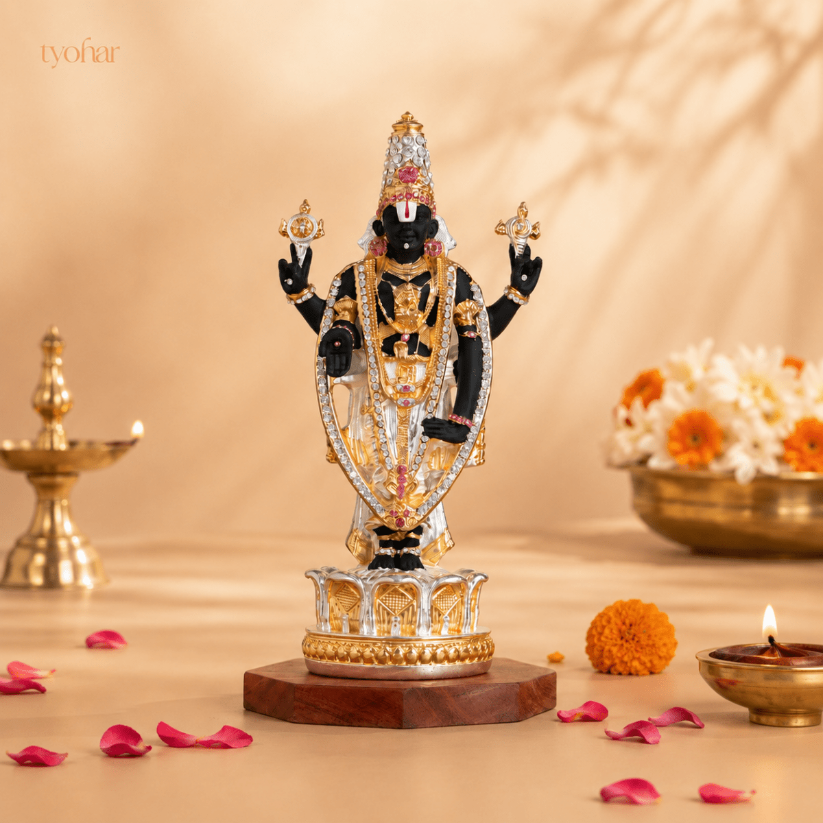 Sri Tirupati Balaji (Venkateswara) Standing Idol | Pure 24K Gold & 999 Silver Plated - Tyohar Store