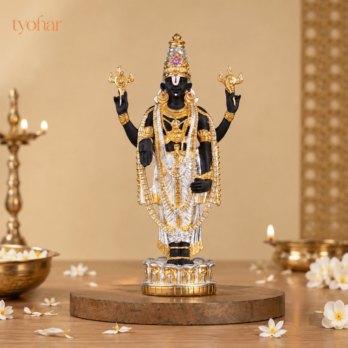 Sri Tirupati Balaji (Venkateswara) Standing Idol | Pure 24K Gold & 999 Silver Plated - Tyohar Store