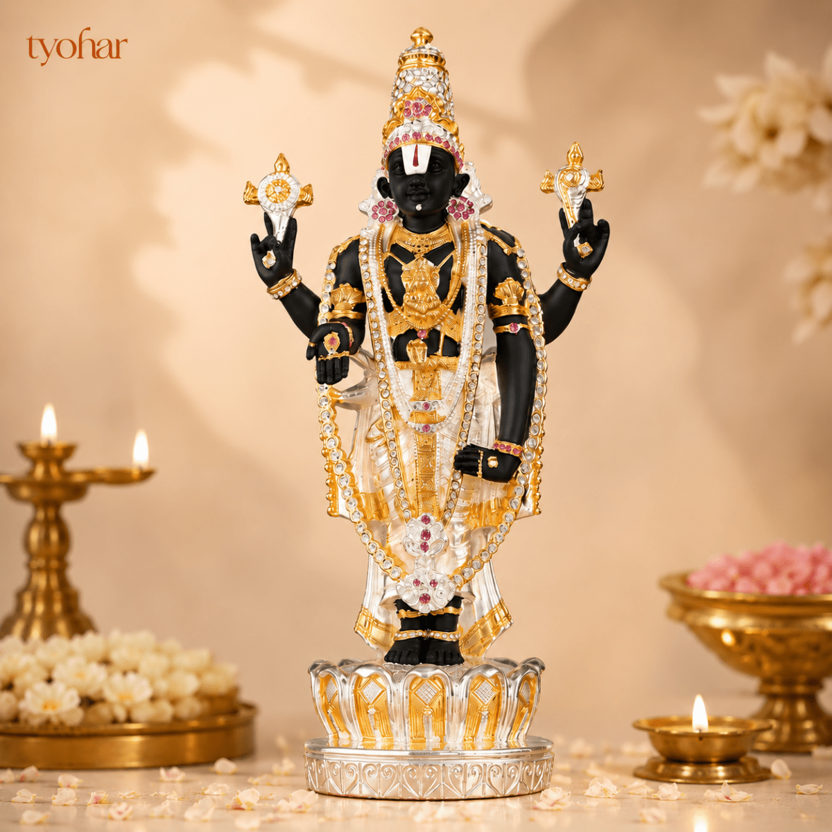Sri Tirupati Balaji (Venkateswara) Standing Idol | Pure 24K Gold & 999 Silver Plated - Tyohar Store