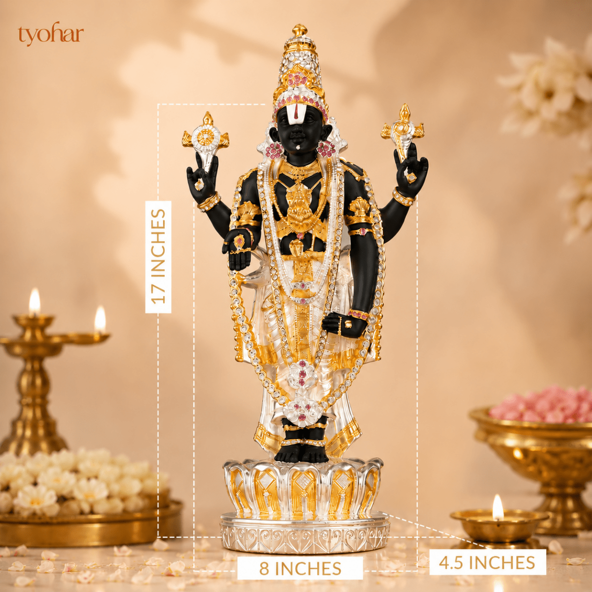 Sri Tirupati Balaji (Venkateswara) Standing Idol | Pure 24K Gold & 999 Silver Plated - Tyohar Store
