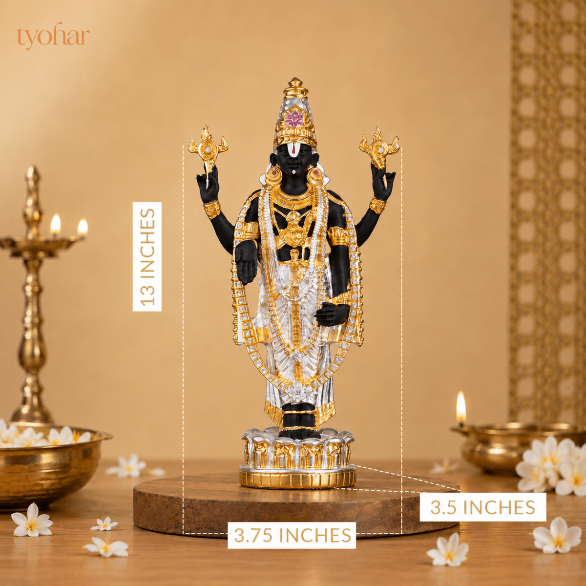 Sri Tirupati Balaji (Venkateswara) Standing Idol | Pure 24K Gold & 999 Silver Plated - Tyohar Store