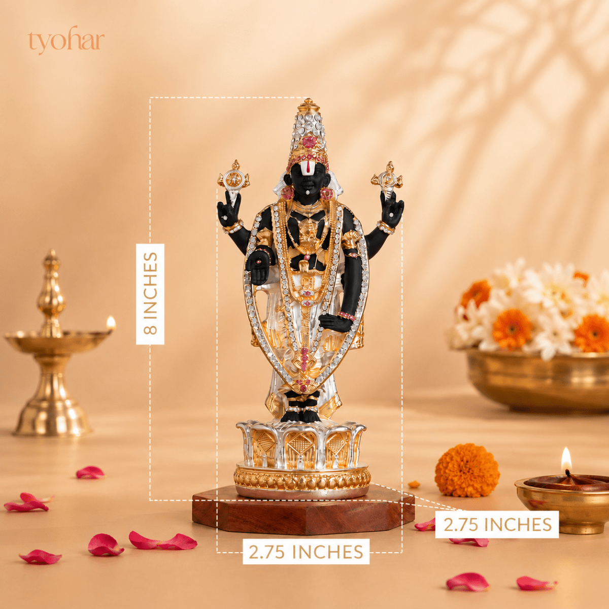 Sri Tirupati Balaji (Venkateswara) Standing Idol | Pure 24K Gold & 999 Silver Plated - Tyohar Store