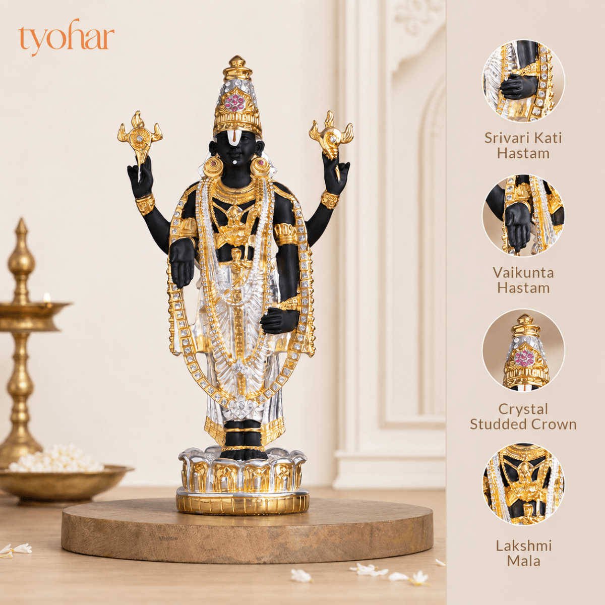 Sri Tirupati Balaji (Venkateswara) Standing Idol | Pure 24K Gold & 999 Silver Plated - Tyohar Store