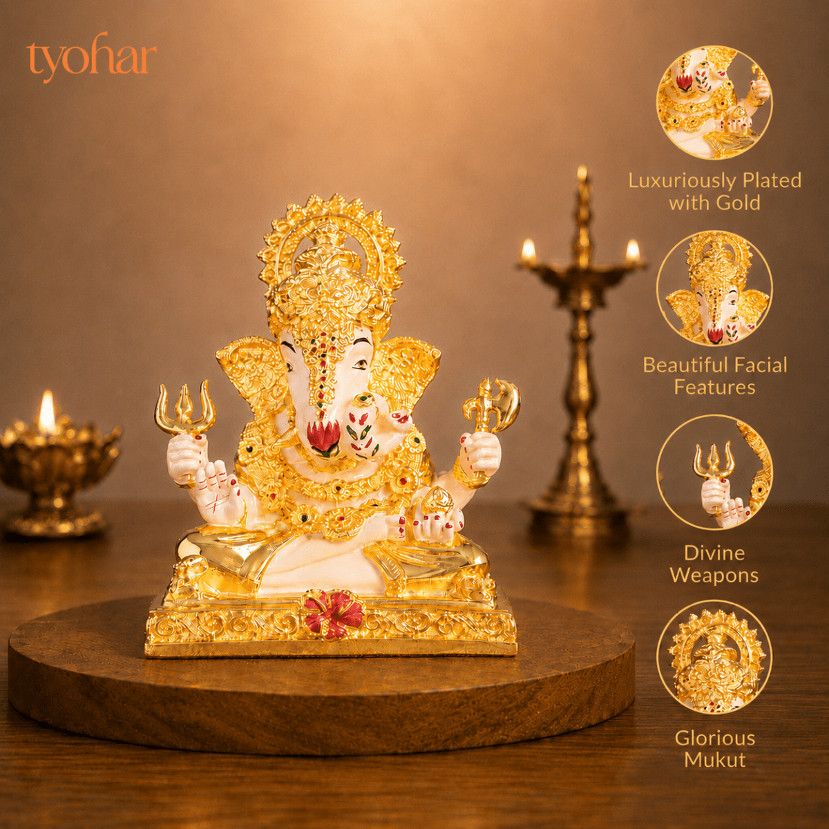 Dagdusheth Halwai Ganpati Murti | Pure 24K Gold Plated - Tyohar Store