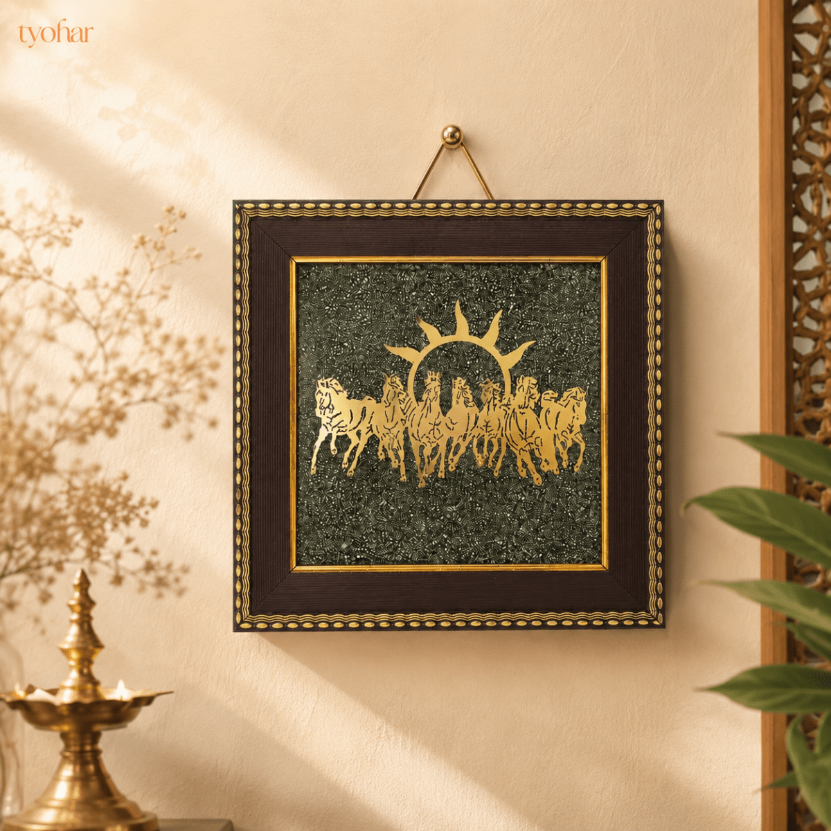 Surya Dev's 7 Horses on Raw Pyrite Dust Plate Frame - Tyohar Store