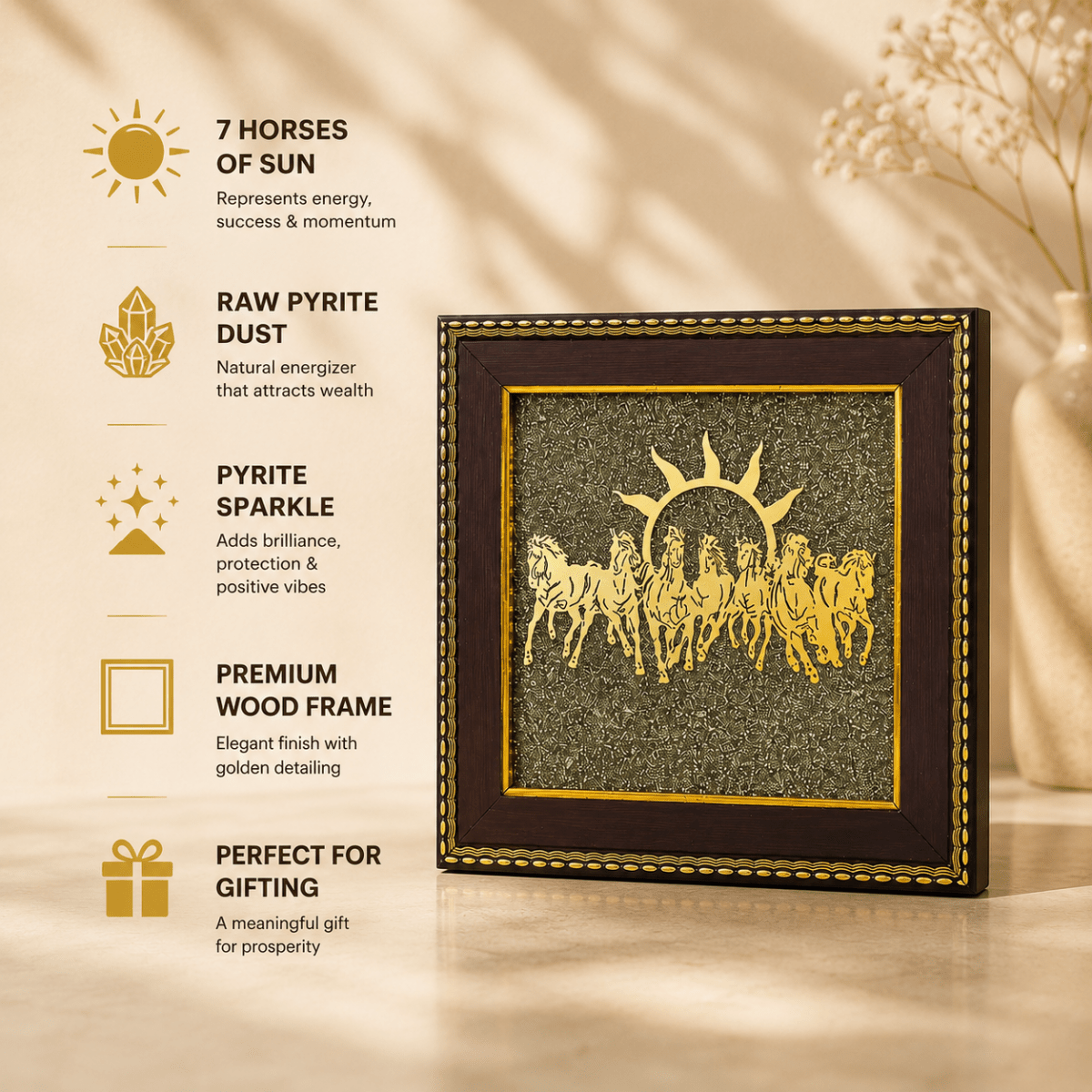 Surya Dev's 7 Horses on Raw Pyrite Dust Plate Frame - Tyohar Store