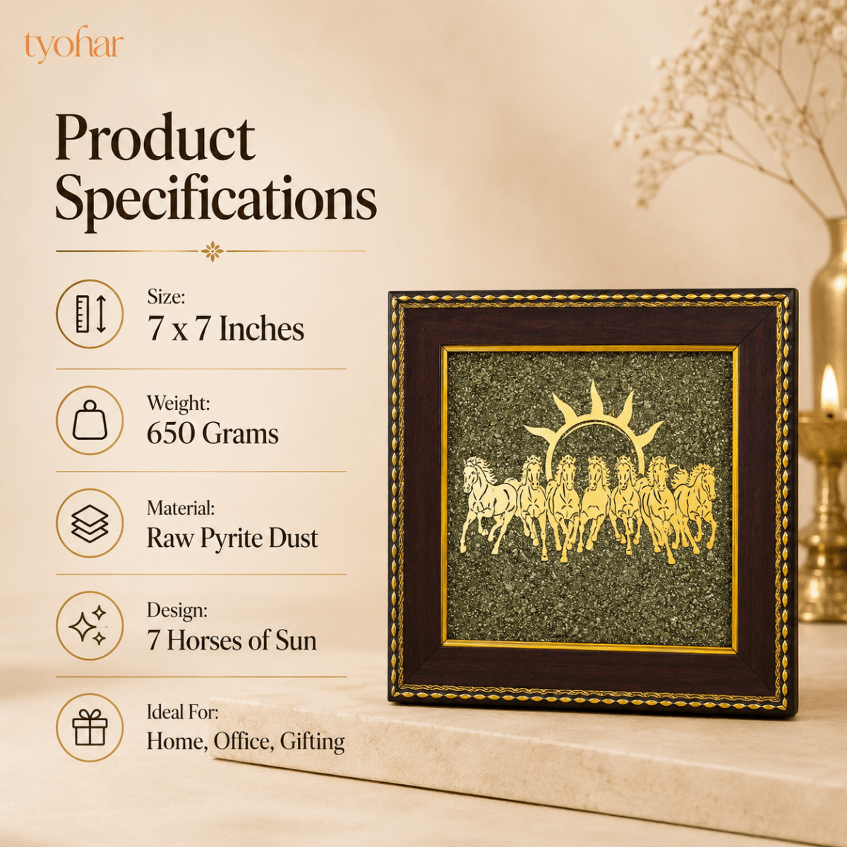 Surya Dev's 7 Horses on Raw Pyrite Dust Plate Frame - Tyohar Store