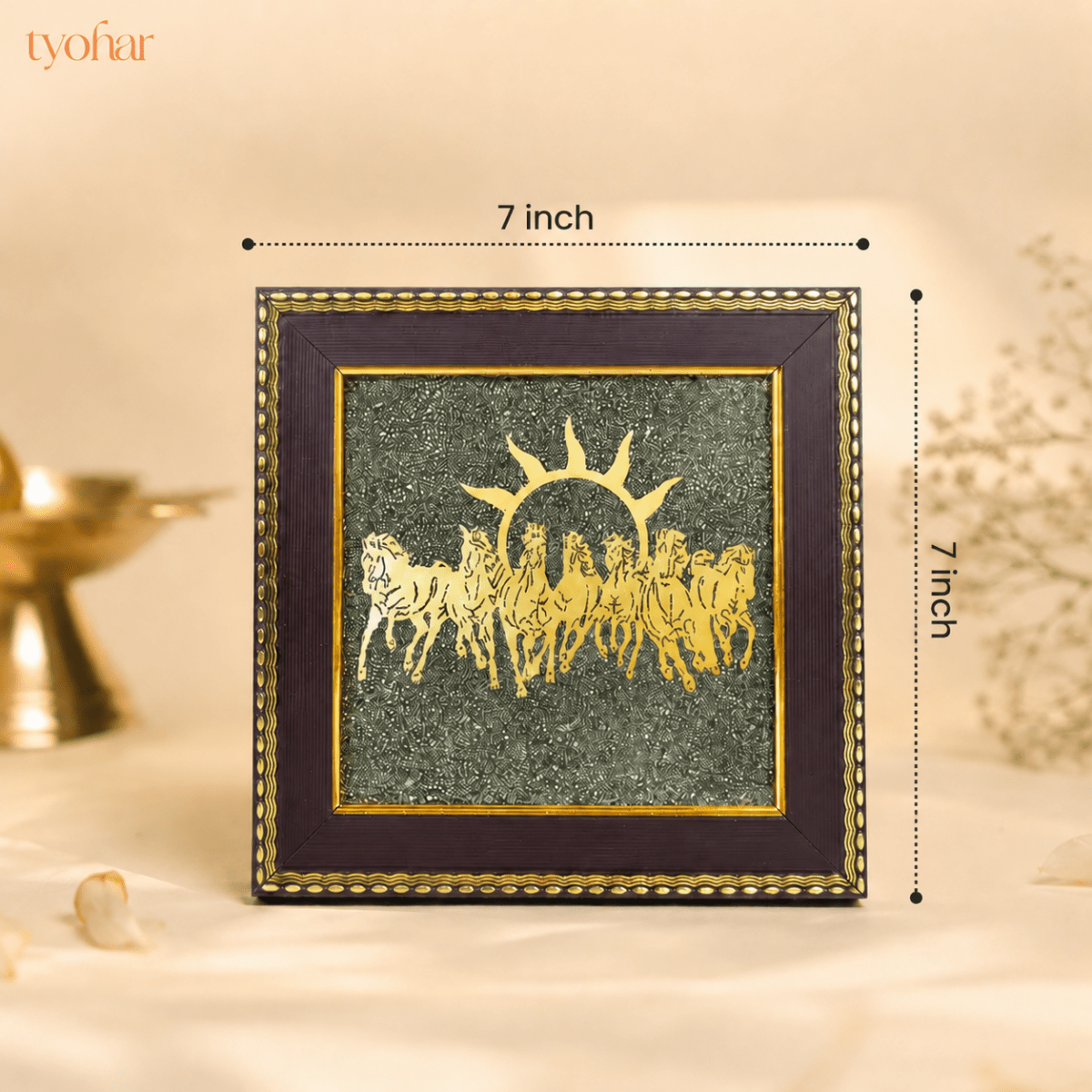 Surya Dev's 7 Horses on Raw Pyrite Dust Plate Frame - Tyohar Store