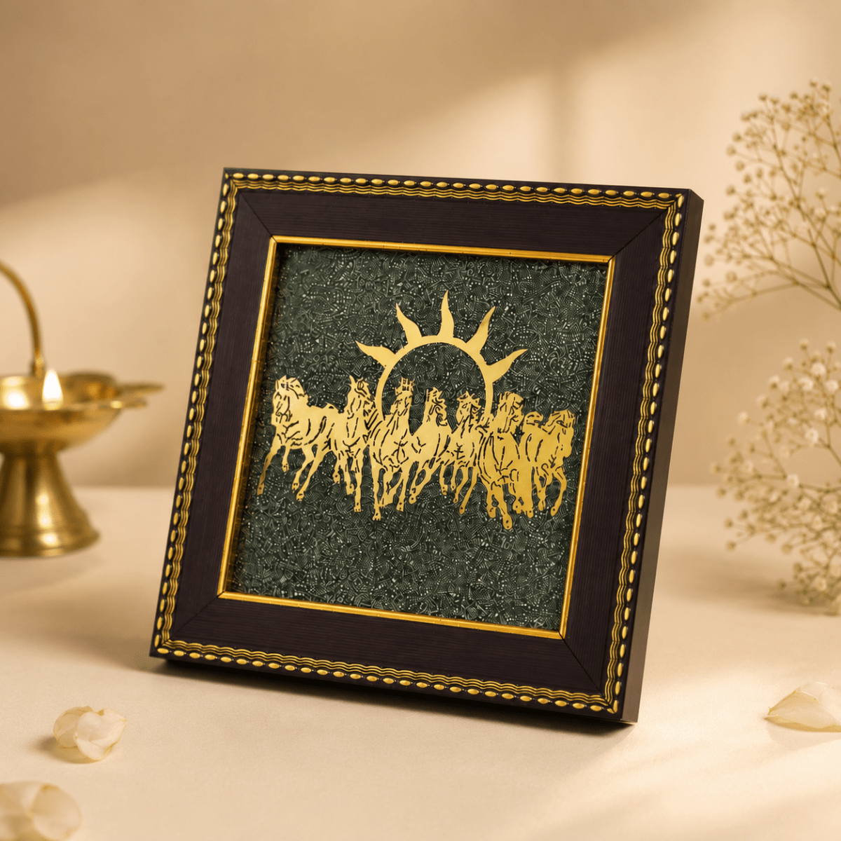 Surya Dev's 7 Horses on Raw Pyrite Dust Plate Frame - Tyohar Store