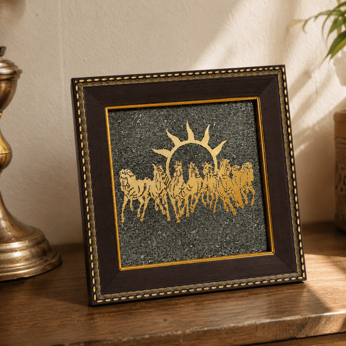 Surya Dev's 7 Horses on Raw Pyrite Dust Plate Frame - Tyohar Store