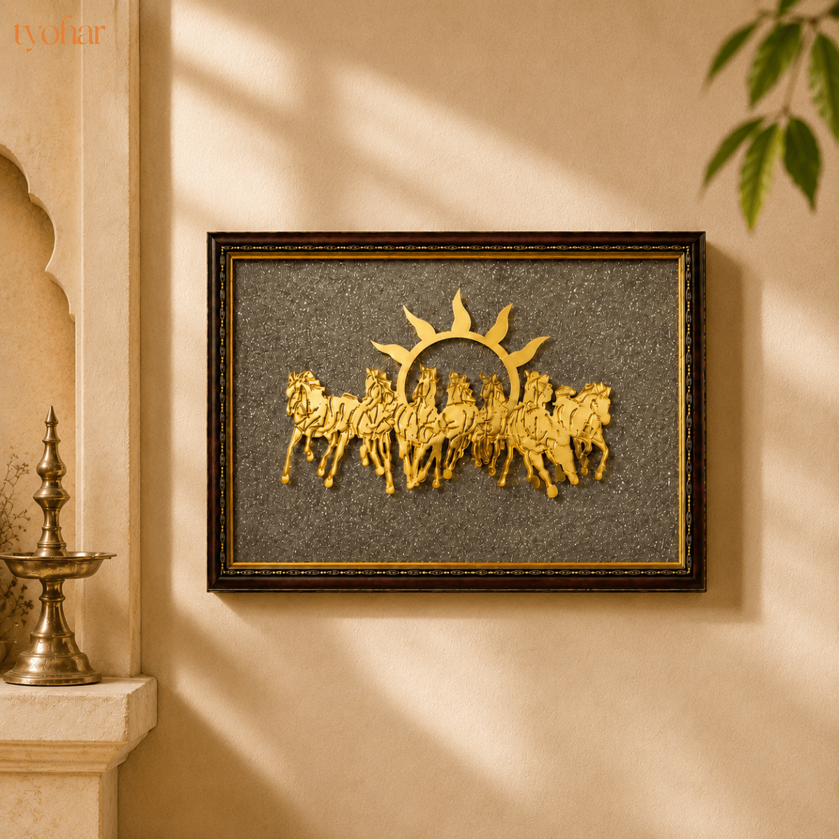 Surya Dev's 7 Horses on Raw Pyrite Dust Plate Frame - Tyohar Store