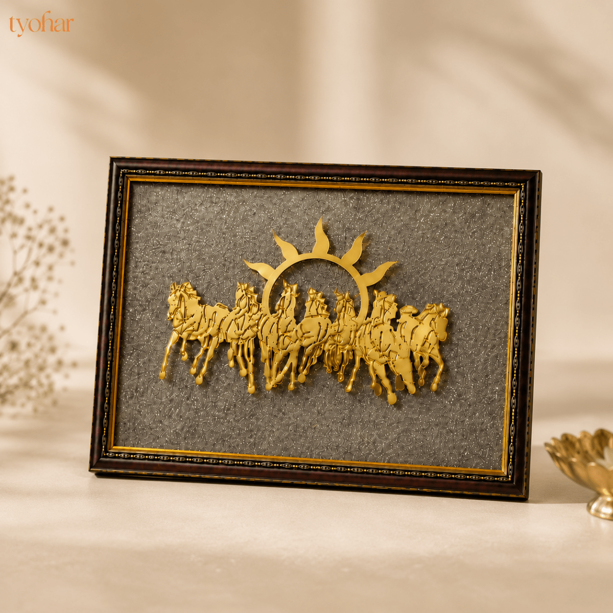 Surya Dev's 7 Horses on Raw Pyrite Dust Plate Frame - Tyohar Store