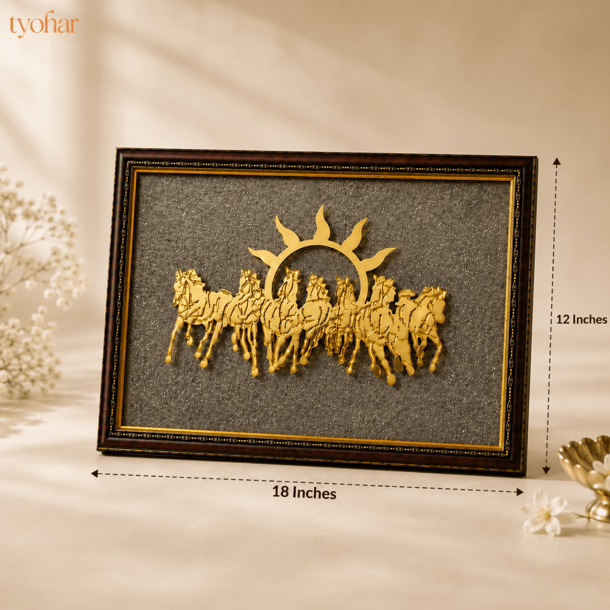 Surya Dev's 7 Horses on Raw Pyrite Dust Plate Frame - Tyohar Store