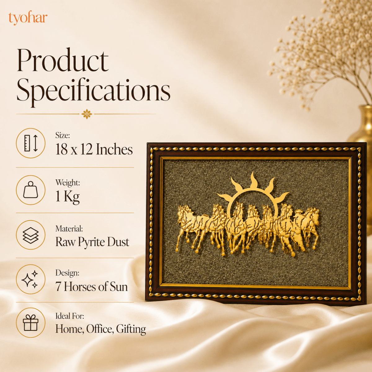 Surya Dev's 7 Horses on Raw Pyrite Dust Plate Frame - Tyohar Store